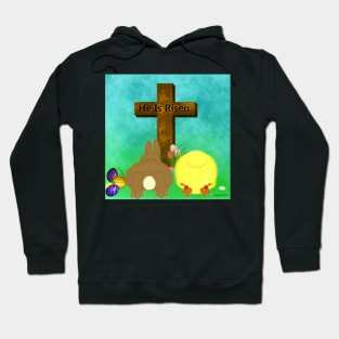 He Is Risen! The Easter Bunny and Chick Bow to Cross Hoodie